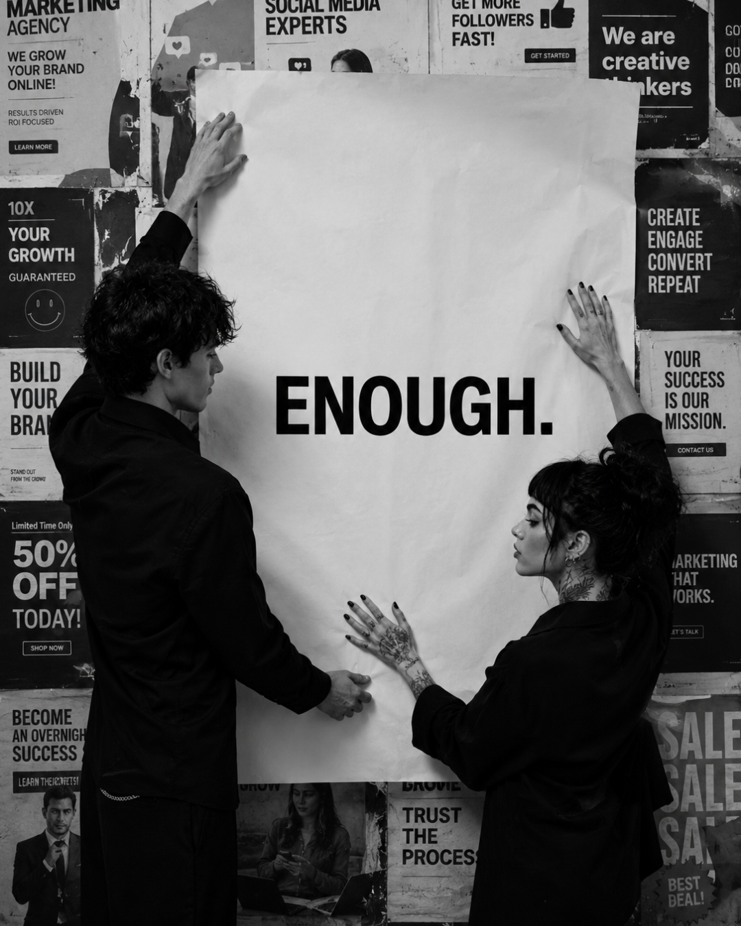 StudioDG (Studio Digital Group) - two models pasting a giant ENOUGH poster over a wall of marketing agency adverts